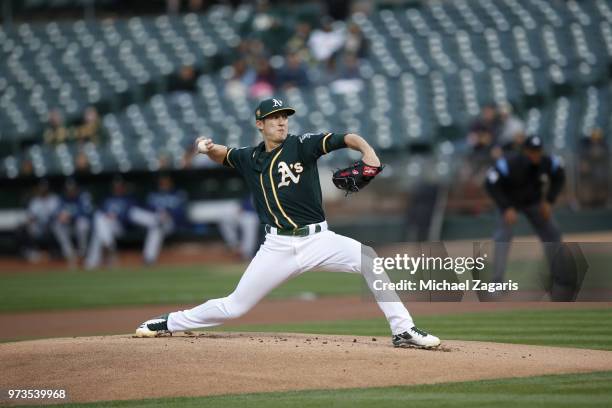 Daniel Gossett of the Oakland Athletics pitches during the game against the Seattle Mariners at the Oakland Alameda Coliseum on May 23, 2018 in...