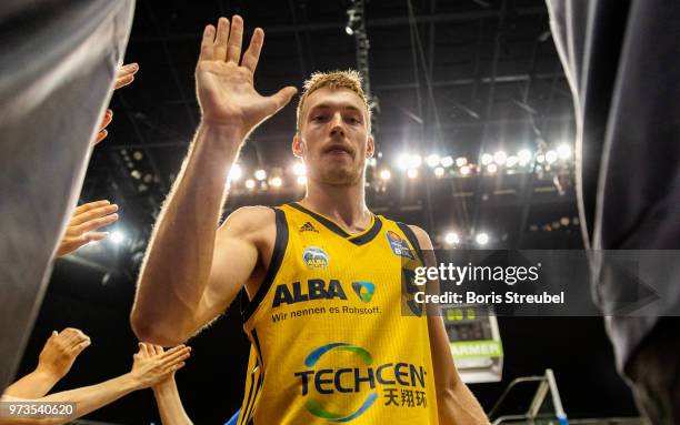 Niels Giffey of ALBA Berlin celebrates after winning the fourth play-off game of the German Basketball Bundesliga finals at Mercedes-Benz Arena on...