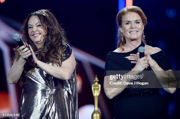 Sarah Brightman and Sarah, Duchess of York present the award for Classic BRITs Icon during the 2018 Classic BRIT Awards held at Royal Albert Hall on...