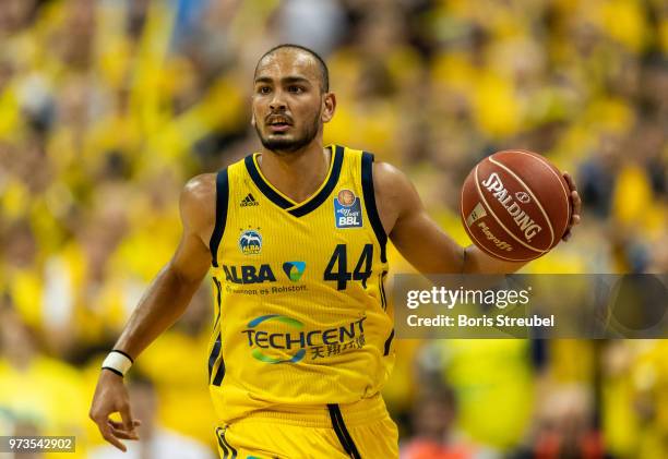 Stefan Peno of ALBA Berlin in action during the fourth play-off game of the German Basketball Bundesliga finals at Mercedes-Benz Arena on June 13,...