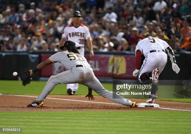 Jon Jay of the Arizona Diamondbacks beats the throw to Josh Bell of the Pittsburgh Pirates at first base attempts to make a play on a throw in the...