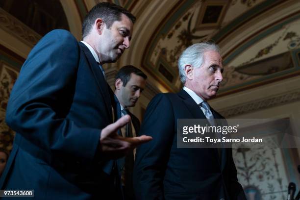 Sen. Bob Corker , Chairman of the Senate Foreign Relations Committee, walks out of a meeting with Canadian Foreign Minister Chrystia Freeland in the...