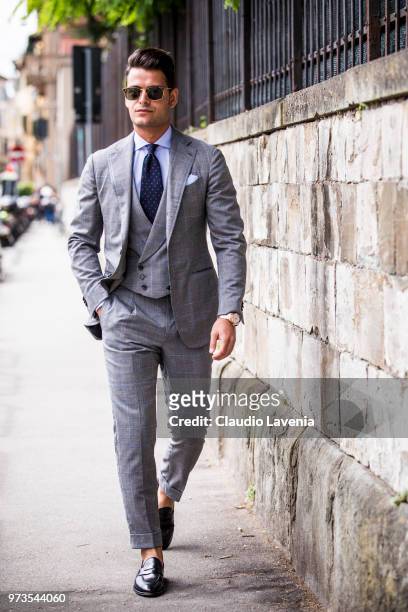 Frank Gallucci, wearing a grey suit, is seen during the 94th Pitti Immagine Uomo at Fortezza Da Basso on June 13, 2018 in Florence, Italy.