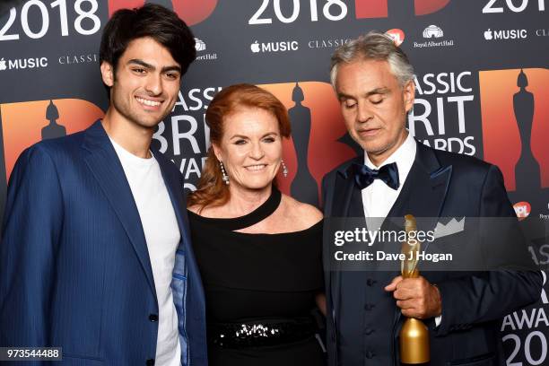 Matteo Bocelli, Sarah, Duchess of York and winner of the Classic BRITs Icon award, Andrea Bocelli pose in the winner room during the 2018 Classic...