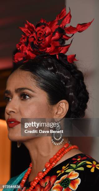 Salma Hayek attends a private view of "Frida Kahlo: Making Her Self Up" at The V&A on June 13, 2018 in London, England.