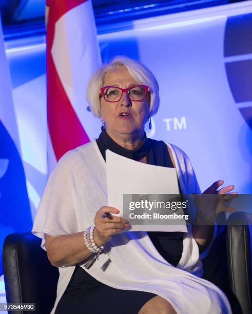 Ruth Vachon, president and chief executive officer of Reseau des Femmes d'affaires du Quebec, speaks during the International Economic Forum Of The...
