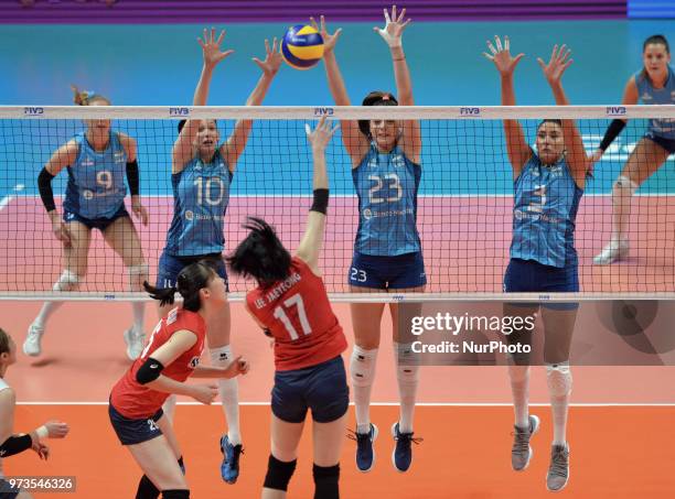 Of Korea against CLARISA SAGARDIA , ANAHI FLORENCIA TOSI , AGNES VICTORIA MICHEL TOSI , PAULA YAMILA NIZETICH of Argentina during FIVB Volleyball...