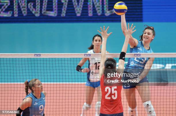 Of Korea against AGNES VICTORIA MICHEL TOSI of Argentina during FIVB Volleyball Nations League match between Argentina and South Korea at the stadium...