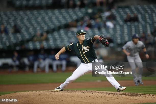 Daniel Gossett of the Oakland Athletics pitches during the game against the Seattle Mariners at the Oakland Alameda Coliseum on May 23, 2018 in...