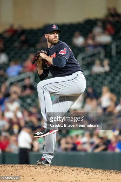 Zach McAllister of the Cleveland Indians pitches against the Minnesota Twins on May 31, 2018 at Target Field in Minneapolis, Minnesota. The Indians...