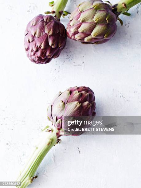 still life of artichokes, overhead view - artichoke stock pictures, royalty-free photos & images