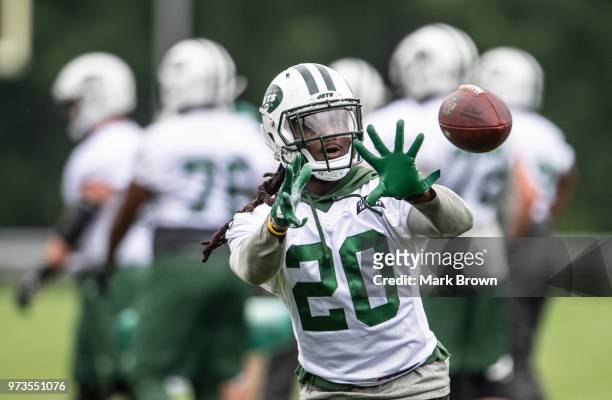 Running back Isaiah Crowell of the New York Jets catches a pass during mandatory mini camp on June 13, 2018 at The Atlantic Health Jets Training...