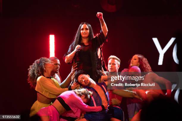 Demi Lovato performs on stage at The SSE Hydro on June 13, 2018 in Glasgow, Scotland.