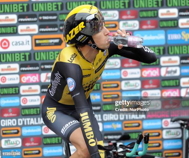 George Bennett New Zealand cyclist of Team Lotto NL Jumbo during the warm-up before the start of the individual time trial 16th stage Trento-Rovereto...