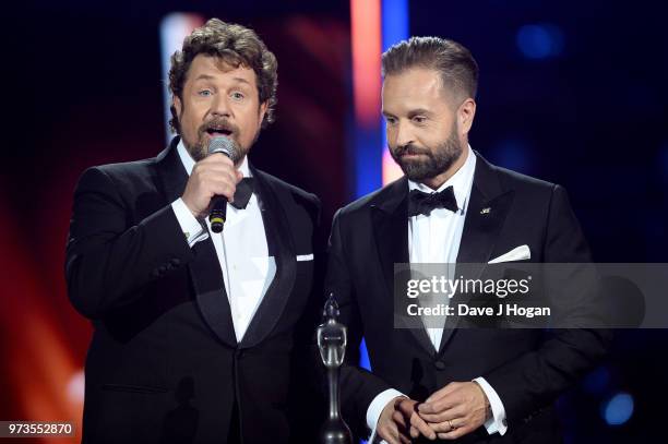 Winners of the Group of the Year award, Michael Ball and Alfie Boe speak on stage during the 2018 Classic BRIT Awards held at Royal Albert Hall on...