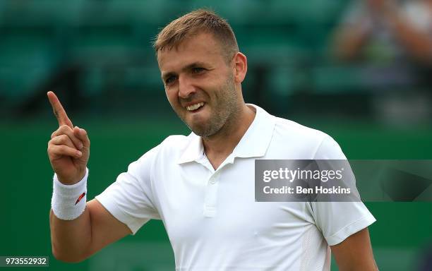 Daniel Evans of Great Britain celebrates winning his second round match against Sergiy Stakhovsky of Ukraine on during Day Five of the Nature Valley...