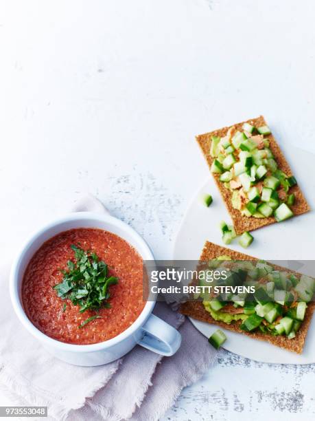 gazpacho, salmon, cucumber, rye crackers - gazpacho stock pictures, royalty-free photos & images