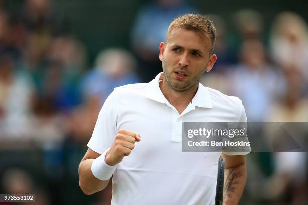 Daniel Evans of Great Britain celebrates winning a point during his second round match against Sergiy Stakhovsky of Ukraine on during Day Five of the...