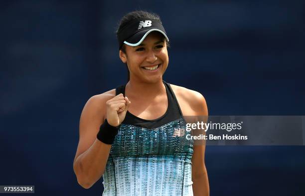 Heather Watson of Great Britain celebrates winning a point during her doubles match on during Day Five of the Nature Valley Open at Nottingham Tennis...