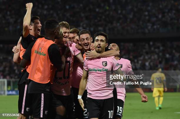 Players of Palermo celebrate after Emanuele Terranova of Frosinone scoring an own goal during the serie B playoff match final between US Citta di...