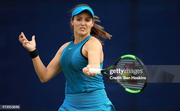 Laura Robson of Great Britain plays a forehand during her doubles match on Day Five of the Nature Valley Open at Nottingham Tennis Centre on June 13,...