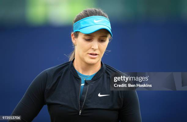 Laura Robson of Great Britain looks on during Day Five of the Nature Valley Open at Nottingham Tennis Centre on June 13, 2018 in Nottingham, United...