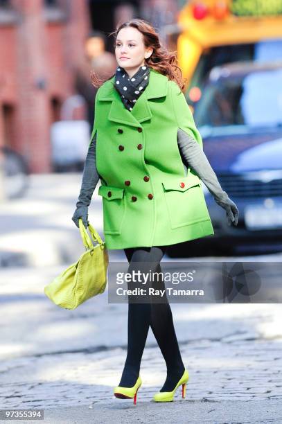 Actress Leighton Meester films scene at the "Gossip Girl" film set in Dumbo on March 01, 2010 in New York City.