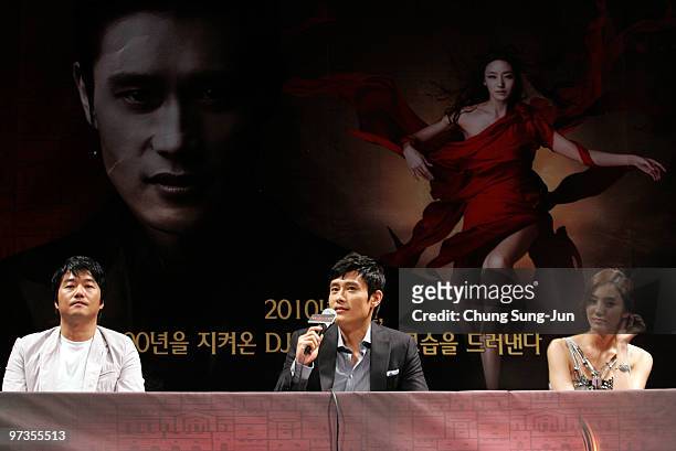Director Lee Jae-Gyu, actor Lee Byung-Hun and actress Han Chae-Young attend the "The Influence" South Korea Premiere at the Apgujeong CGV on March 2,...