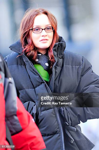 Actress Leighton Meester walks to her trailer on the "Gossip Girl" film set in Dumbo on March 01, 2010 in New York City.