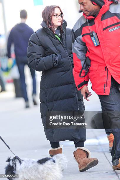 Actress Leighton Meester walks to her trailer on the "Gossip Girl" film set in Dumbo on March 01, 2010 in New York City.