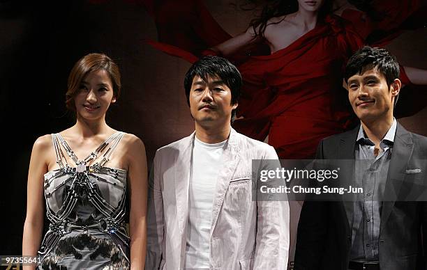 Actress Han Chae-Young, director Lee Jae-Gyu and actor Lee Byung-Hun attend the "The Influence" South Korea Premiere at the Apgujeong CGV on March 2,...