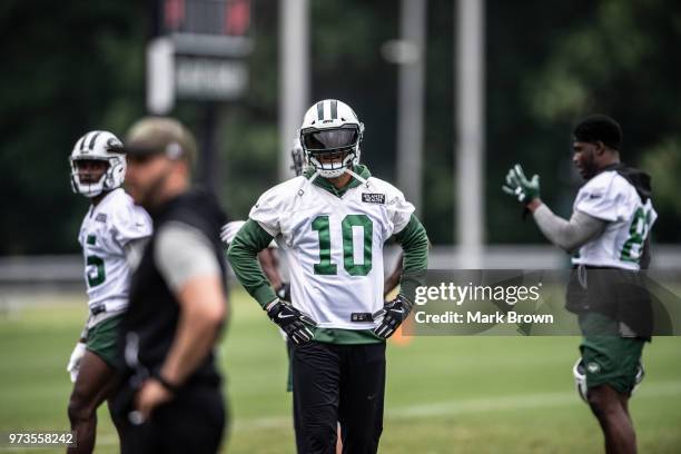Wide receiver Jermaine Kearse of the New York Jets watches drills during mandatory mini camp on June 13, 2018 at The Atlantic Health Jets Training...