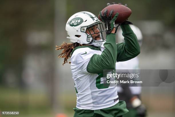 Tight end Bucky Hodges of the New York Jets catches the ball during mandatory mini camp on June 13, 2018 at The Atlantic Health Jets Training Center...