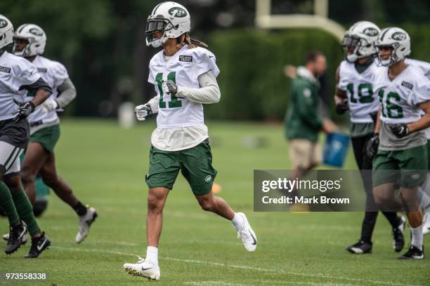 Wide receiver Robby Anderson of the New York Jets runs to another practice drill during mandatory mini camp on June 13, 2018 at The Atlantic Health...