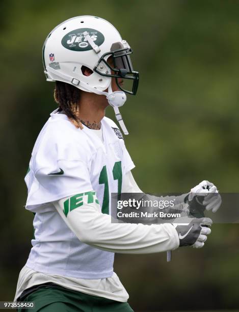 Wide receiver Robby Anderson of the New York Jets looks to make a catch during mandatory mini camp on June 13, 2018 at The Atlantic Health Jets...