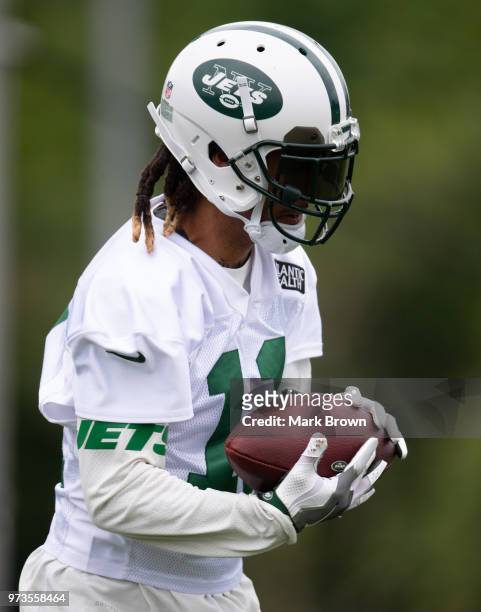 Wide receiver Robby Anderson of the New York Jets looks to make a catch during mandatory mini camp on June 13, 2018 at The Atlantic Health Jets...