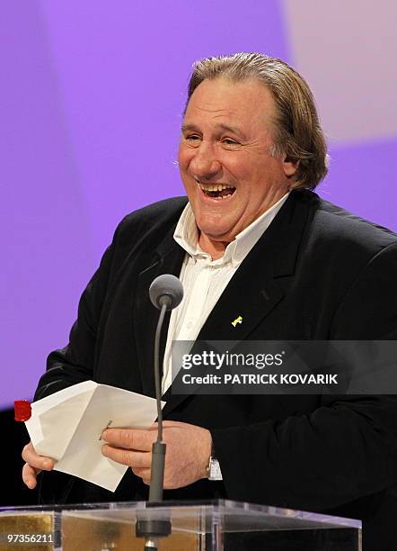 French actor Gerard Depardieu prepares to annouce an award during the 35th Cesars French film awards ceremony on February 27, 2010 at the Chatelet...