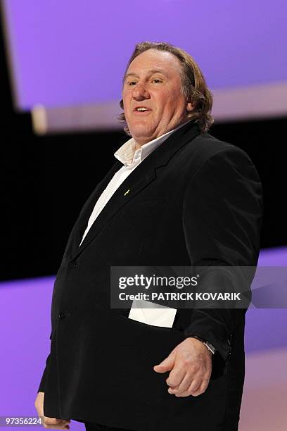 French actor Gerard Depardieu arrives to annouce an award during the 35th Cesars French film awards ceremony on February 27, 2010 at the Chatelet...