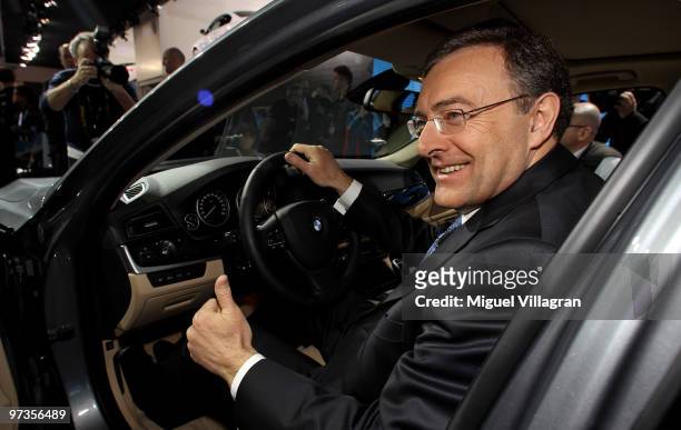 Chairman and CEO Norbert Reithofer presents the BMW 5 Series during the first press day at the 80th Geneva International Motor Show on March 2, 2010...