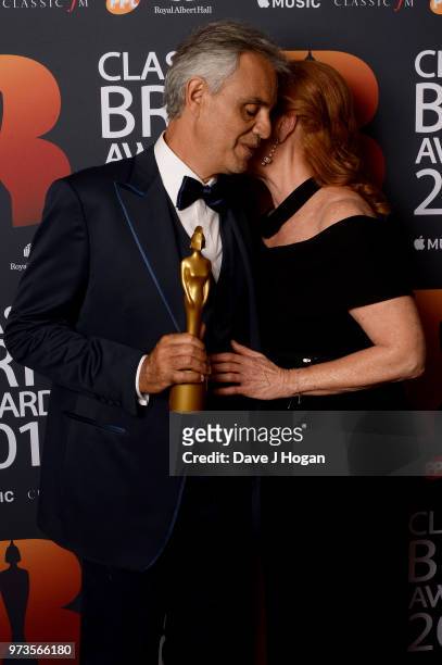 Andrea Bocelli , winner of the Classic BRITs Icon award and Sarah, Duchess of York pose in the winners room during the 2018 Classic BRIT Awards held...