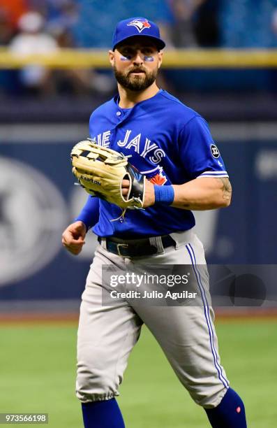 Kevin Pillar of the Toronto Blue Jays runs off the field after the top of the eventh inning against the Tampa Bay Rays on June 13, 2018 at Tropicana...