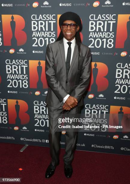 Nile Rodgers at the Classic Brit Awards 2018, Royal Albert Hall, London, where he presented Sheku Kanneh-Mason with his second award of the night,...