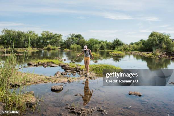 young female tourist exploring calm waters near victoria falls, zimbabwe, africa - victoria falls stock pictures, royalty-free photos & images