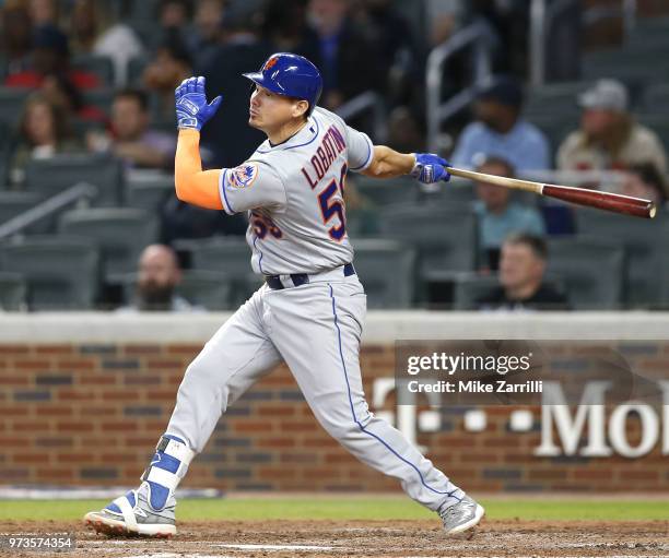 Catcher Jose Lobaton of the New York Mets swings during the game against the Atlanta Braves at SunTrust Park on April 21, 2018 in Atlanta, Georgia.