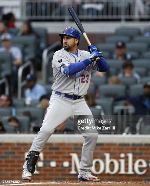 First baseman Adrian Gonzalez of the New York Mets waits in the batter's box for a pitch during the game against the Atlanta Braves at SunTrust Park...