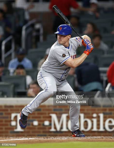 Right fielder Jay Bruce of the New York Mets waits in the batter's box for a pitch during the game against the Atlanta Braves at SunTrust Park on...