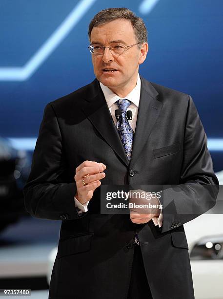 Norbert Reithofer, chief executive officer of Bayerische Motoren Werke , speaks on the first press day of the Geneva International Motor Show in...