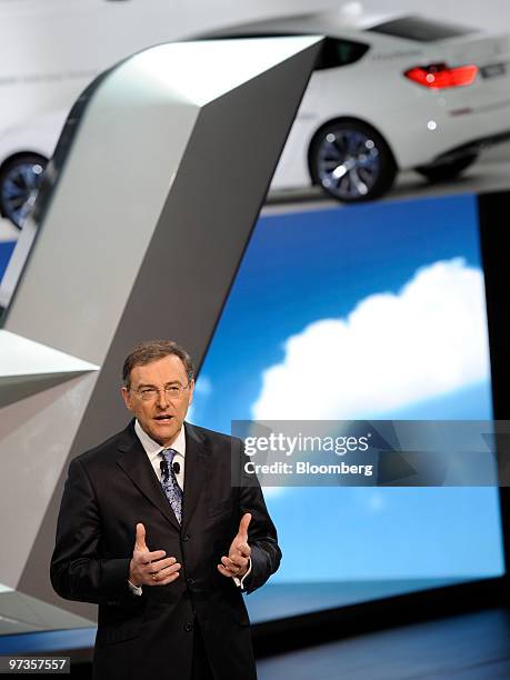 Norbert Reithofer, chief executive officer of Bayerische Motoren Werke , speaks on the first press day of the Geneva International Motor Show in...