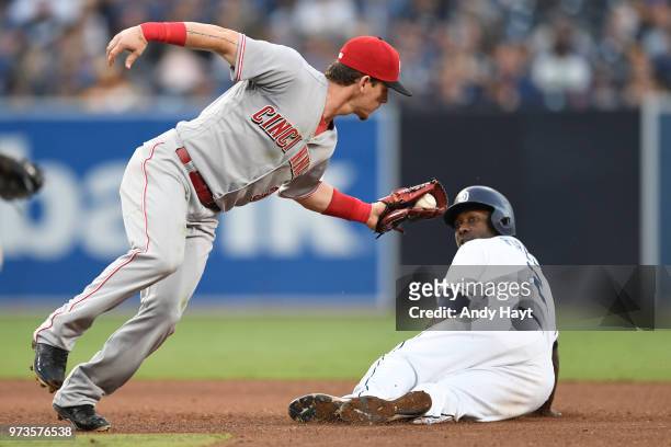 Jose Pirela of the San Diego Padres steals second base on Scooter Gennett the Cincinnati Reds during the game at PETCO Park on June 2, 2018 at PETCO...