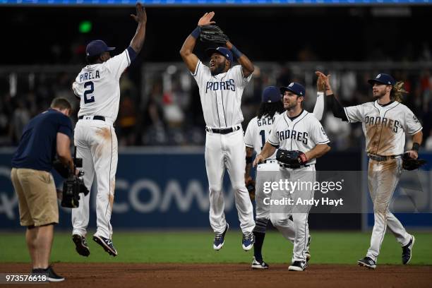 Jose Pirela, Manuel Margot, Matt Szczur and Travis Jankowski of the San Diego Padres celebrate after the final out during the game against the...